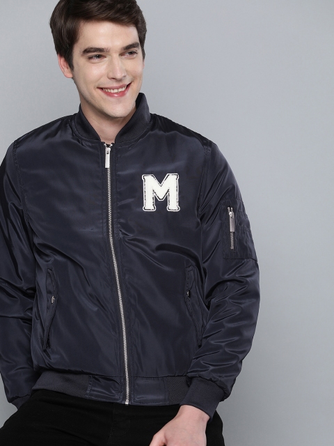 

Mast & Harbour Men Navy Blue Solid Bomber