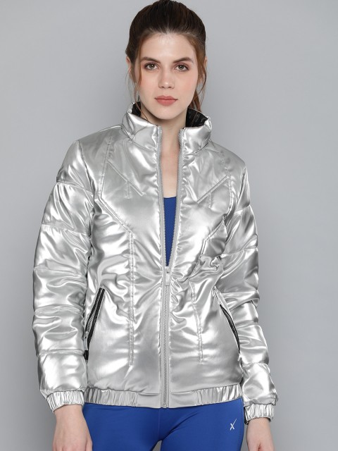 

HRX by Hrithik Roshan Lifestyle Women Silver-Toned Solid Bomber Jacket