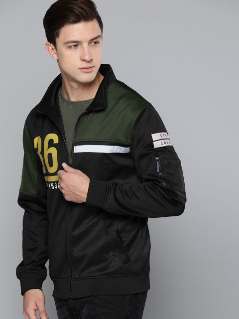 

Harvard Men Black & Olive Green Printed Bomber Jacket