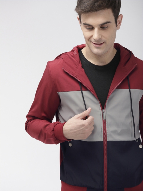 

Mast & Harbour Men Maroon & Grey Colourblocked Hooded Bomber Jacket