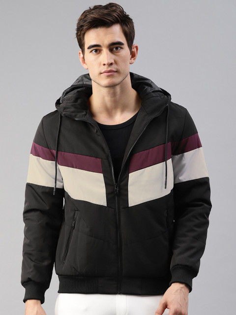 

HRX by Hrithik Roshan Men Black & Maroon Lifestyle Colourblocked Hooded Puffer Jacket
