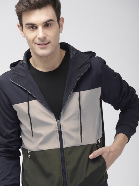 

Mast & Harbour Men Navy Blue & Grey Colourblocked Hooded Bomber Jacket