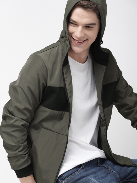 

Mast & Harbour Men Olive Green & Black Colourblocked Hooded Bomber Jacket