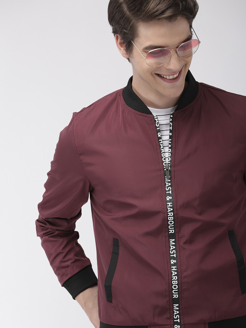 

Mast & Harbour Men Maroon Solid Lightweight Bomber Jacket