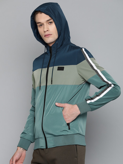 

HRX by Hrithik Roshan Active Men Teal Green & Grey Colourblocked Hooded Sporty Jacket