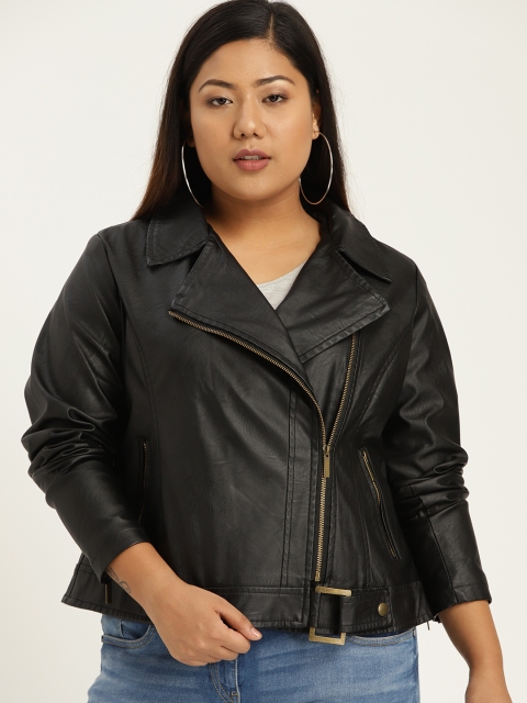 

Sztori Plus Size Women Black Solid Biker Jacket