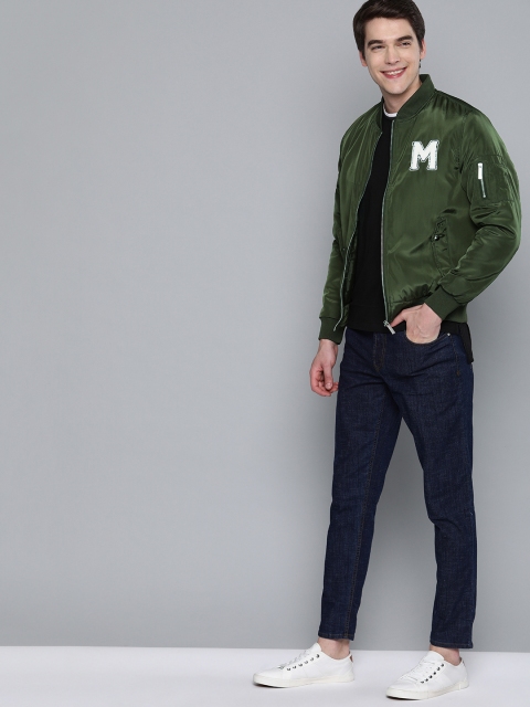 

Mast & Harbour Men Olive Green Solid Bomber Jacket