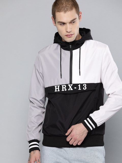 

HRX by Hrithik Roshan Men Black & Grey Lifestyle Colourblocked Hooded Bomber Jacket