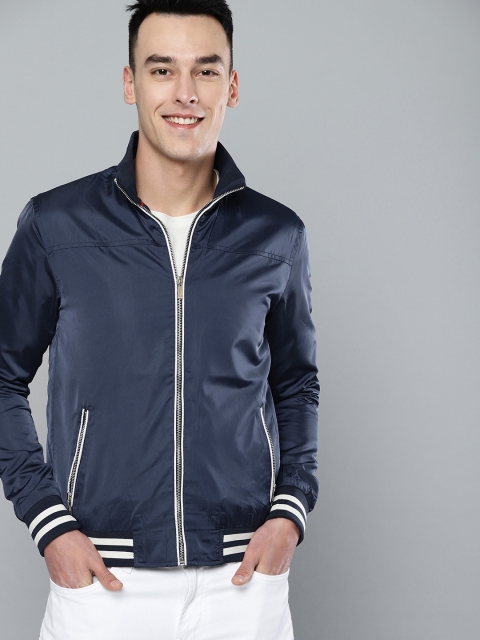 

Mast & Harbour Men Navy Blue Solid Satin Finish Varsity Jacket