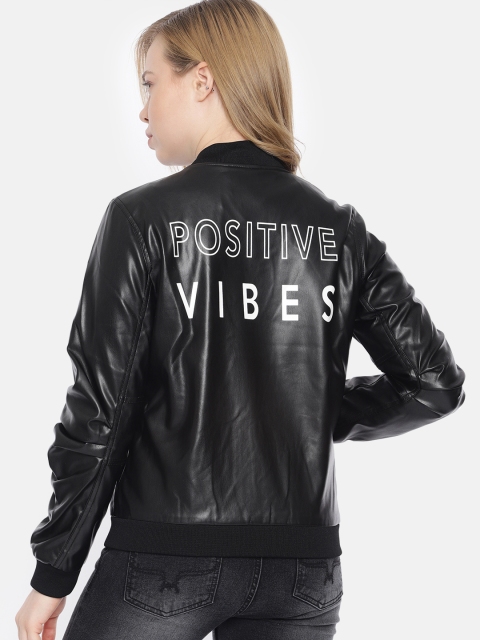 

Harvard Women Black Printed Faux Leather Bomber Jacket