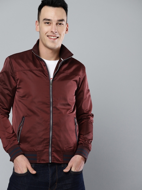 

Mast & Harbour Men Burgundy Solid Satin Finish Varsity Jacket