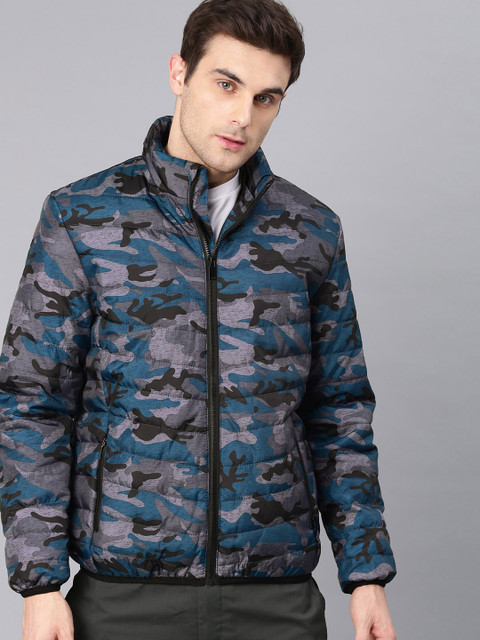 

HRX by Hrithik Roshan Men Teal Blue & Grey Camouflage Printed Athleisure Puffer Jacket