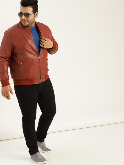 

Sztori Plus Size Men Rust Brown Solid Bomber Jacket