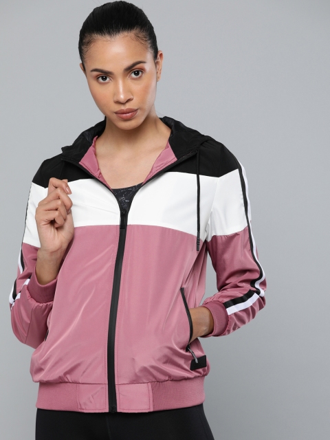 

HRX by Hrithik Roshan Active Women Mauve & White Colourblocked Hooded Sporty Jacket
