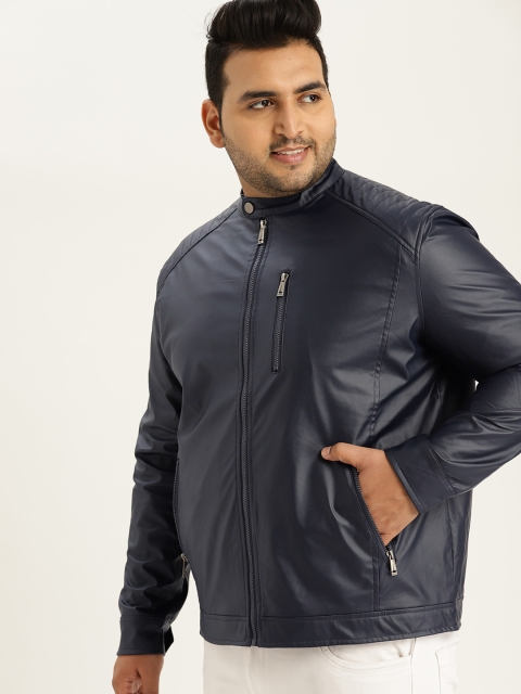 

Sztori Plus Size Men Navy Blue Solid Biker Jacket