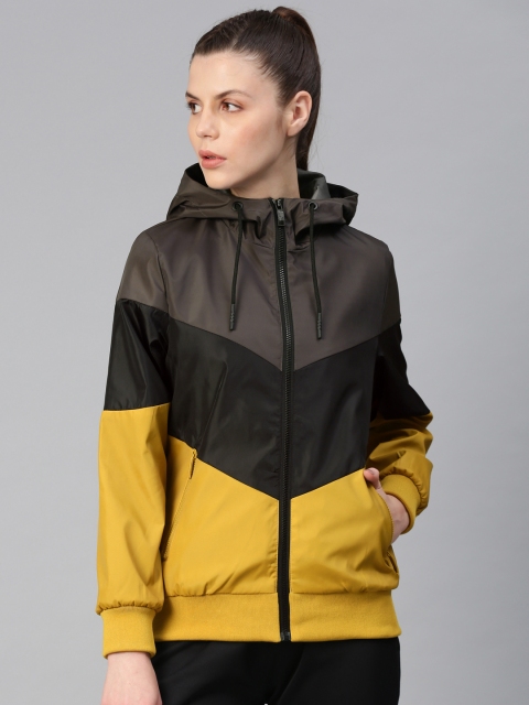 

HRX by Hrithik Roshan Women Charcoal Grey & Mustard Yellow Training Colourblocked Jacket