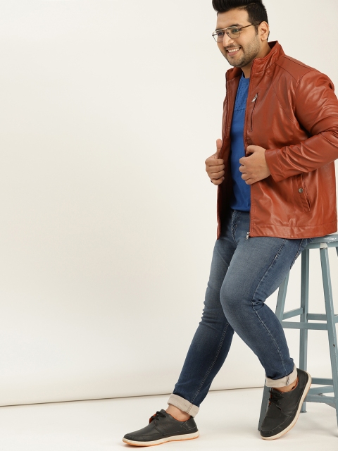 

Sztori Plus Size Men Rust Brown Solid Biker Jacket