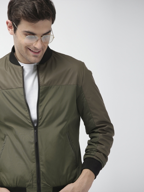 

Mast & Harbour Men Olive Green Solid Bomber Jacket