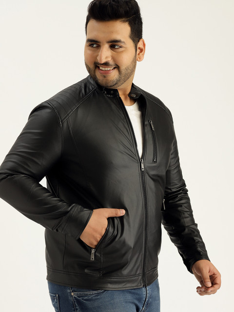 

Sztori Plus Size Men Black Solid Biker Jacket