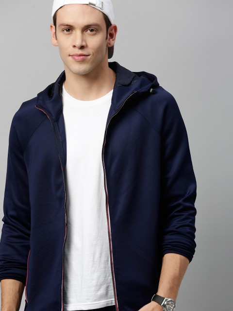 

Harvard Men Navy Blue Solid Hooded Open Front Jacket
