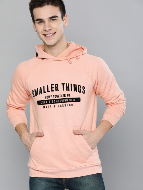 

Mast & Harbour Men Peach-Coloured Printed Hooded Sweatshirt