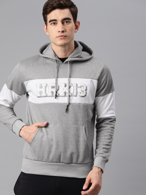 

HRX by Hrithik Roshan Men Lifestyle Grey Melange & White Colourblocked Hooded Sweatshirt