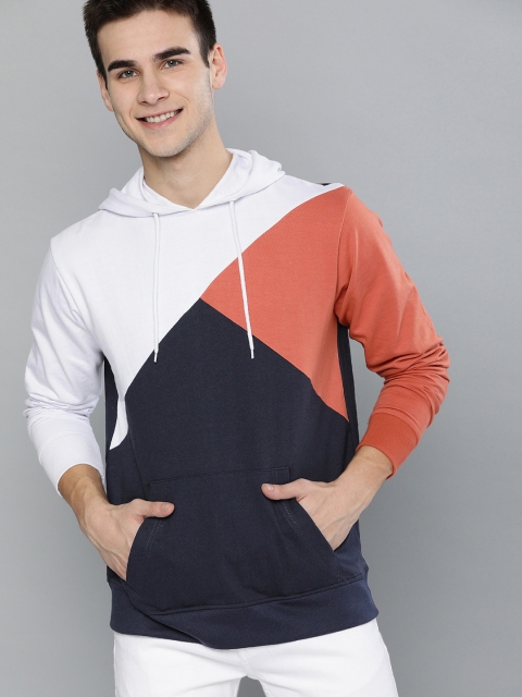 

Mast & Harbour Men White & Navy Blue Colourblocked Hooded Sweatshirt