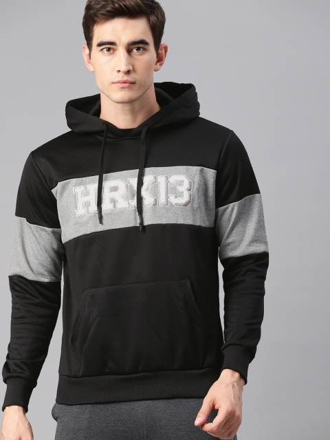 

HRX by Hrithik Roshan Men Lifestyle Black & Grey Melange Colourblocked Hooded Sweatshirt
