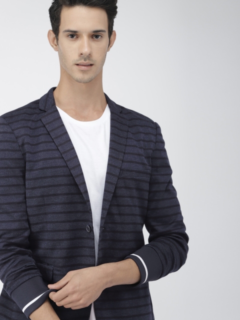 

Harvard Men Navy Blue & Black Striped Regular Fit Single-Breasted Casual Blazer
