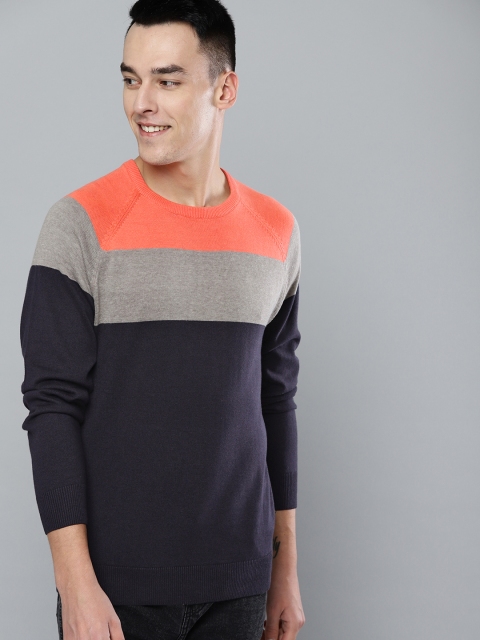 

Mast & Harbour Men Navy Blue & Coral Orange Colourblocked Sweater