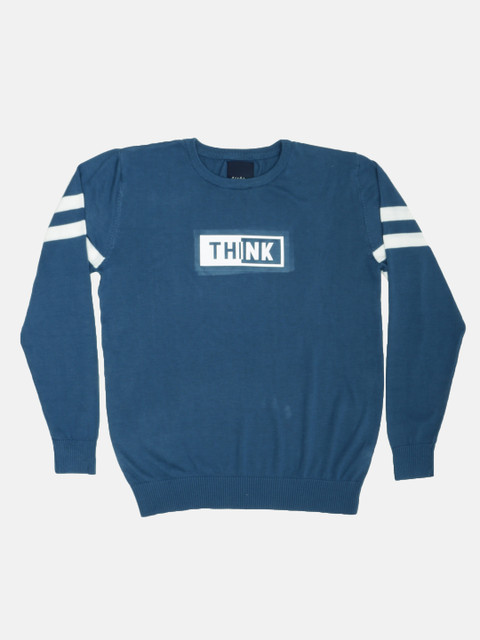 

Mast & Harbour Men Blue Printed Pullover Sweater with Striped Sleeves