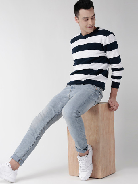 

Mast & Harbour Men Navy Blue & White Striped Sweater