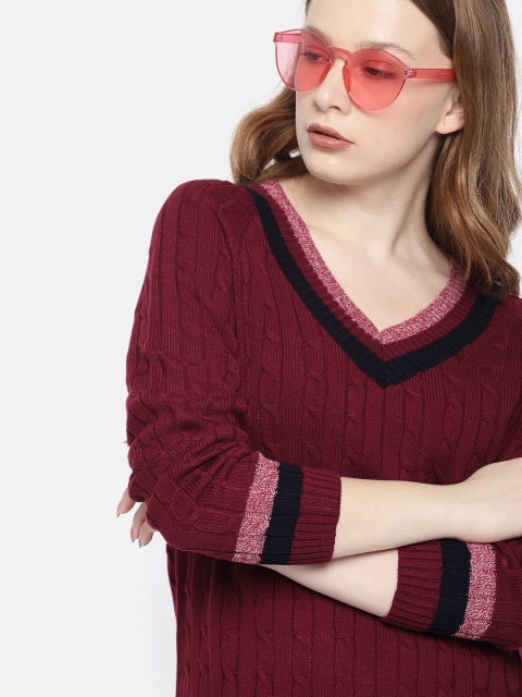 

Harvard Women Maroon Self Design Pullover Sweater