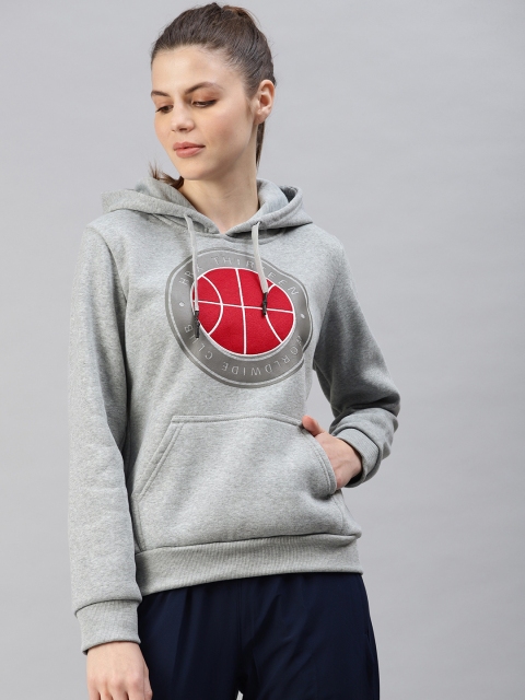 

HRX by Hrithik Roshan Women Grey Melange & Red Printed Hooded Pullover Sweatshirt