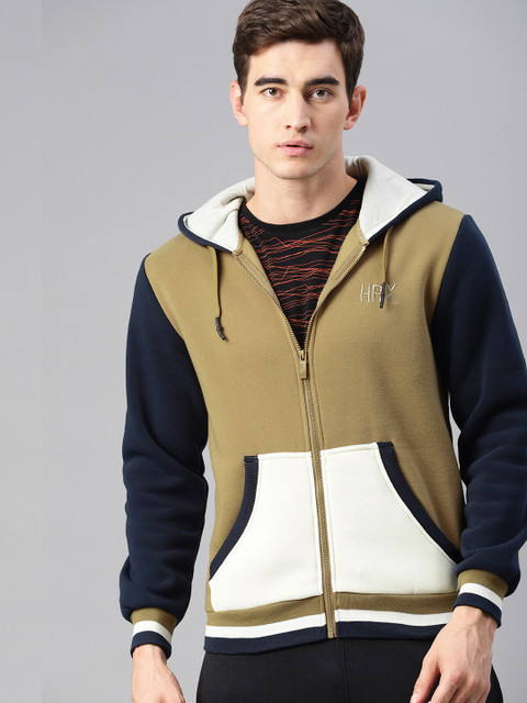 

HRX by Hrithik Roshan Men Lifestyle Khaki & Off-White Colourblocked Hooded Sweatshirt
