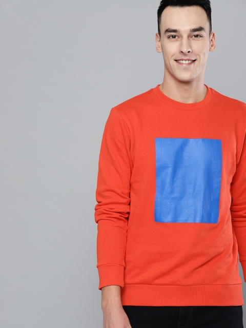 

Mast & Harbour Men Coral Orange & Blue Colourblocked Sweatshirt