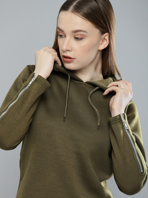 

Harvard Women Olive Green Solid Hooded Sweatshirt