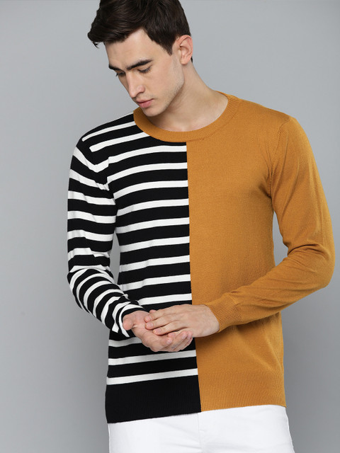 

Harvard Men Black & Mustard Yellow Half-Striped Sweater