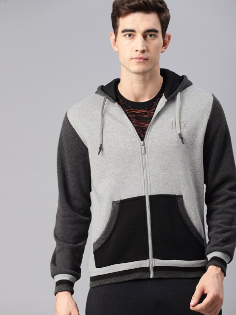

HRX by Hrithik Roshan Men Grey & Black Lifestyle Colourblocked Hooded Sweatshirt