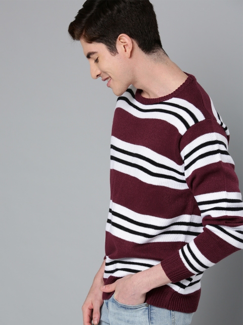 

Mast & Harbour Men Burgundy & White Striped Sweater