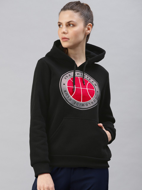 

HRX by Hrithik Roshan Women Black & Red Printed Hooded Pullover Sweatshirt