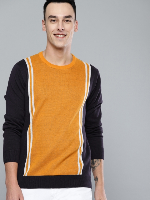 

Mast & Harbour Men Navy & Mustard Yellow Colourblocked Sweater, Navy blue