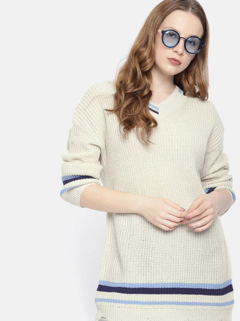 

Harvard Women Cream-Coloured Solid Longline Pullover Sweater