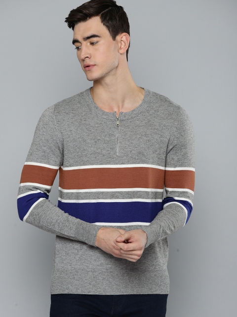 

Harvard Men Grey & Rust Brown Striped Sweater