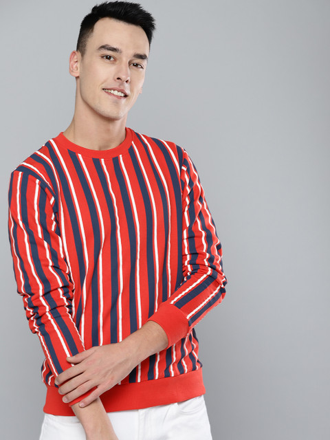 

Mast & Harbour Men Red & Navy Blue Striped Sweatshirt