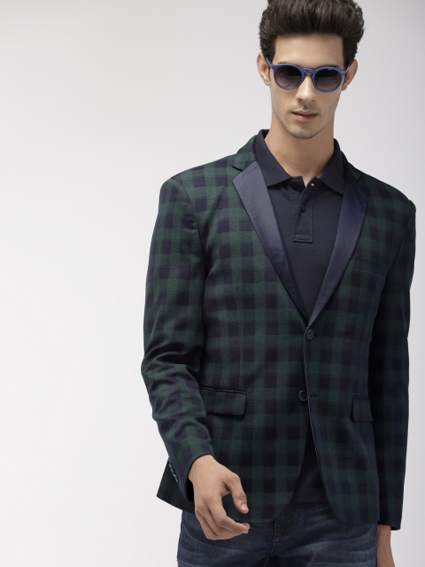 

Harvard Navy Blue & Green Checked Regular Fit Single-Breasted Casual Blazer