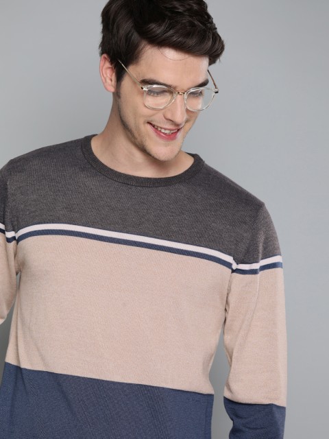 

Mast & Harbour Men Charcoal Grey & Beige Colourblocked Pullover Sweater