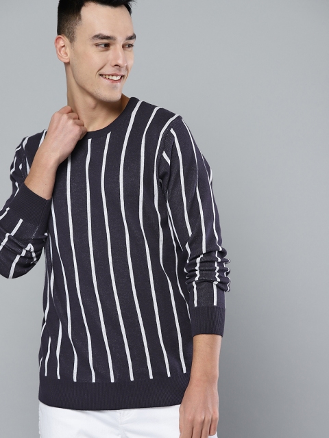 

Mast & Harbour Men Navy Blue & White Striped Sweater