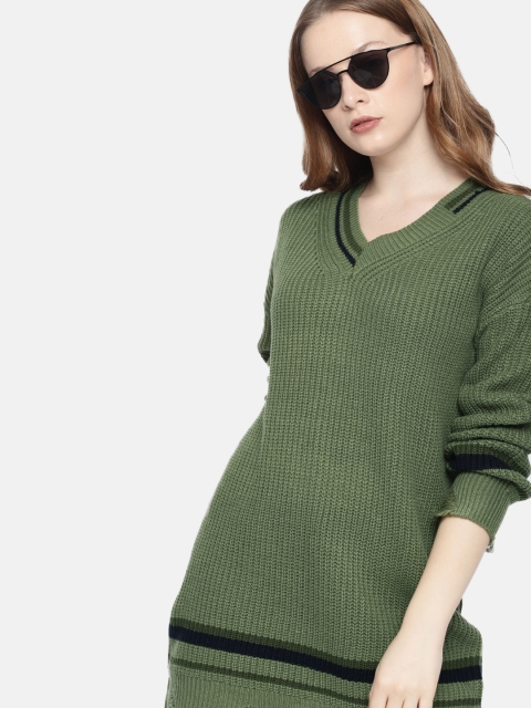 

Harvard Women Green Self Design Longline Pullover Sweater