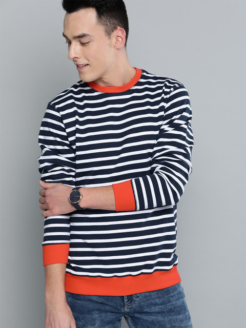 

Mast & Harbour Men Navy Blue & White Striped Sweatshirt